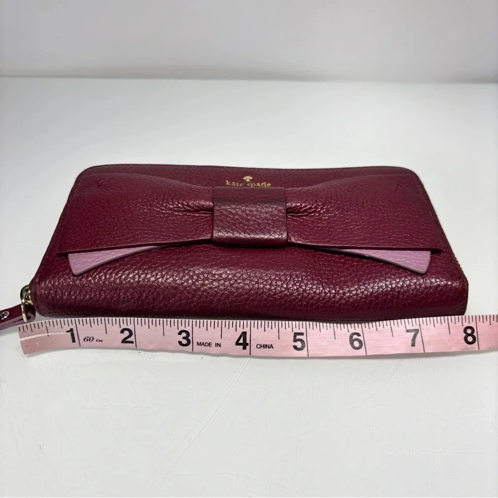 Kate Spade Eden Lane Lacey Zip Around Wallet Merlot Pebbled Leather Bow Accent